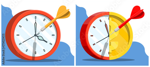 Darts hit on classic analog clock and clock with dollar symbol. Targeting time and money. Business investment success strategy concept.