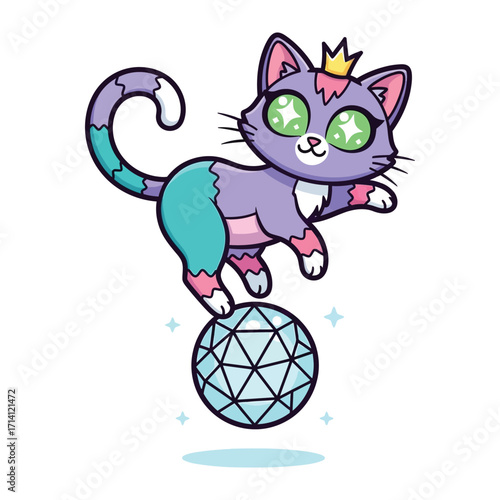 Magical Cat Acrobat: A whimsical illustration showcases a charming cat, adorned with a crown and enchanting eyes, balancing gracefully atop a sparkling crystal ball.