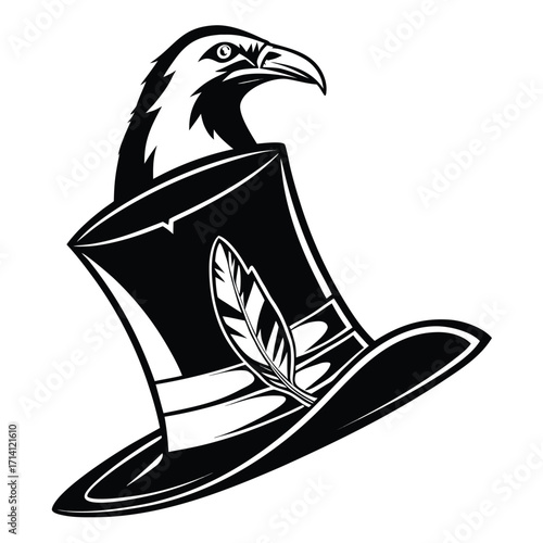 Black and white illustration of a top hat with a crow and feather on a white background bird magician