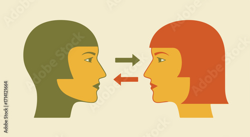 Effective communication shown with two human heads facing each other, connected by arrows, signifying feedback. Effective communication is essential for building relationships and understanding,