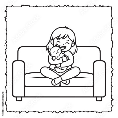 Cute Girl Cuddling her Little Cat on a Couch – Best Friends and Pet Love Colouring Page