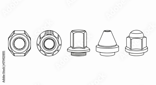 Five wheel nuts arranged in a row against a white background showing different designs, Cinco tuercas de rueda dispuestas en fila contra un fondo blanco que muestra diferentes diseños.