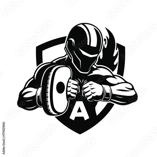 A stylized black and white illustration of a muscular fighter in a helmet holding a punch pad, set against a shield.