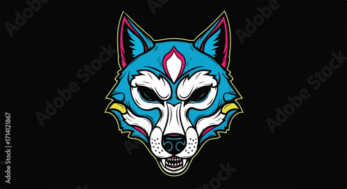 Vibrant wolf artwork displays a stylized wolf image with geometric designs and bright colors. This stylized wolf art features a wolf head with bold outlines,