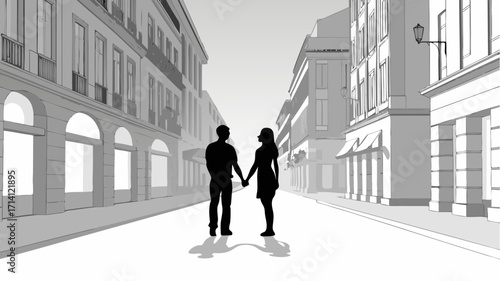 Romantic getaway illustration, couple holding hands on city street, urban romance and love, travel illustration
