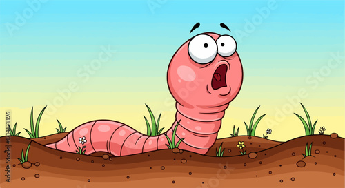 An earthworm cartoon crawls in dirt, surprised and shocked. Earthworm cartoon expresses surprise, as it crawls across fertile soil with plants. Earthworm cartoon design perfect for children's books,