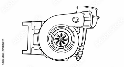Isolated turbocharger components showcase engine enhancement. Turbocharger parts comprise intake and turbine wheel, representing power. Modern turbocharger is designed for efficiency.