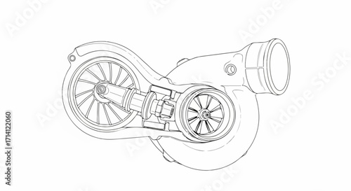 Turbocharger sketch showcasing internal components in monochrome, also known as turbocharger sketch showing internal components in black and white.