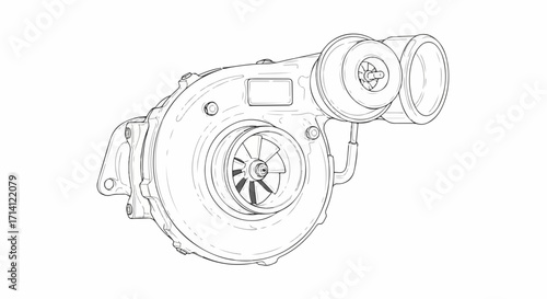 Automobile turbocharger shown on white background. Automobile turbocharger increases engine's power. This automobile turbocharger uses exhaust gas to compress intake air, enhancing performance.