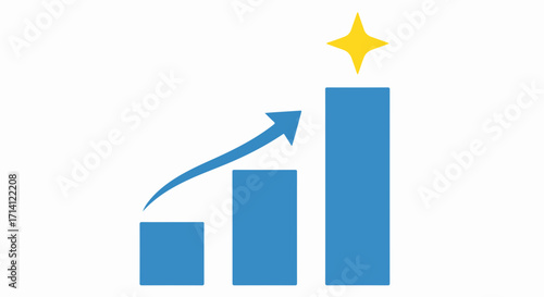Illustrative growth chart shows ascending blue bars toward success culminating in golden star. Financial growth is represented using ascending bars showing positive progress and achievement.