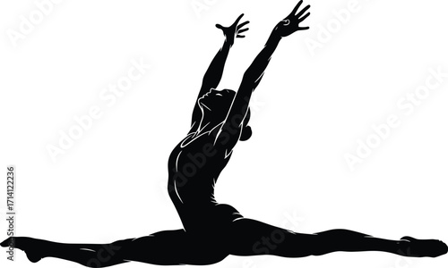 Silhouette of person in mid-air split leap, athletic dance pose, expressive movement illustration, flexibility and grace vector artwork
