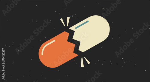 Broken capsule on dark starry backdrop. Shattered medication concept shows damaged medicine potentially due to substance abuse or addiction treatment failure.