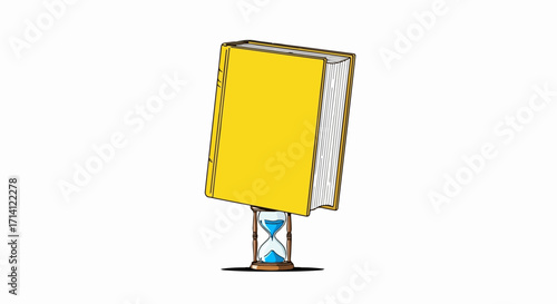 Sandglass book with yellow cover and sand flowing from glass bulb depicts time management concept. Book standing on sandglass for limited time learning and studies.