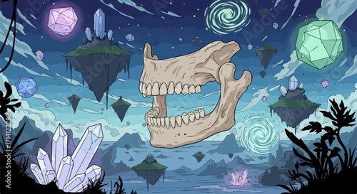 Fantasy world landscape features floating islands crystals and strange bone structure. This surreal dreamlike fantasy world landscape is perfect for game design or book illustration.