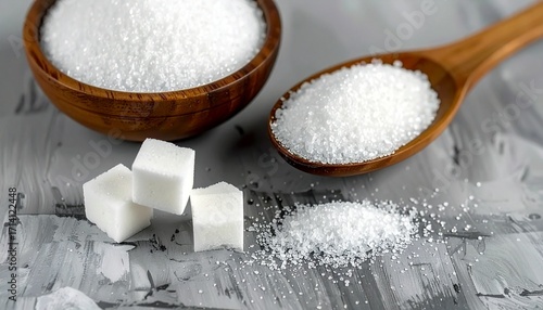 Brown wooden bowl and wooden spoon with sugar on a grey surface, Sugar cubes and white sugar crystals on a gray-painted background