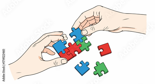 Completing jigsaw puzzle pieces, two hands carefully assemble colorful jigsaw puzzle. Completing jigsaw puzzle brings sense of accomplishment and symbolizes problem solving, teamwork,