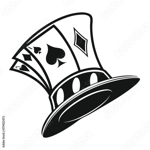Black and white illustration of a top hat with playing cards emerging from it on a white background