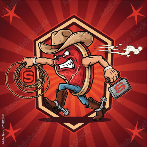 Cartoon of a cowboy steak with lasso and branding iron running.