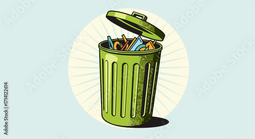 Trash can overflowing with garbage, showing improper waste disposal. Trash can filled with different types of waste, indicating poor recycling habits and environmental concerns.