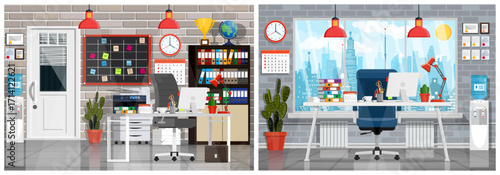 Modern office interior with desk, chair, computer, and city view outside window. Business workplace for work and education.