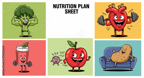 Nutrition plan sheet featuring cheerful broccoli flexing strong muscles, playful heart lifting dumbbells, and apple escaping from a small donut.