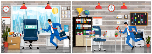 Businessman running toward a vacant office chair on the right side of the split image illustrating job search and career opportunity.