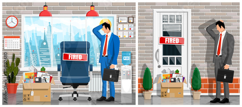 Unhappy man employee getting fired from his job. Dismissed job seeker with box of office stuff. Unemployment, crisis, business reduction concept for graphic illustration.