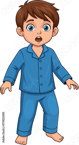 Surprised cartoon child in pajamas, barefoot boy with blue eyes, shocked expression, animated pose, emotional reaction, vector illustration, kids media