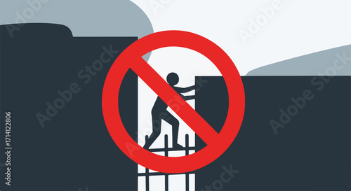 Dangerous climb illustration shows forbidden action with crossing fence symbol in bright red. Dangerous climb is illustrated with person climbing fence, attempting forbidden behavior.