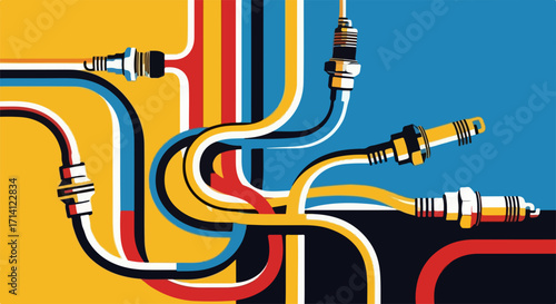 Abstract car parts depiction with spark plugs connected by colorful tubes. Abstract car parts arrangement shows detailed mechanisms with wiring, connectors, and intricate lines.