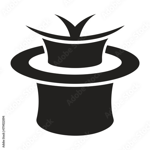 Black silhouette of a stylized top hat with a pointed crown accent and a wide brim vector illustration