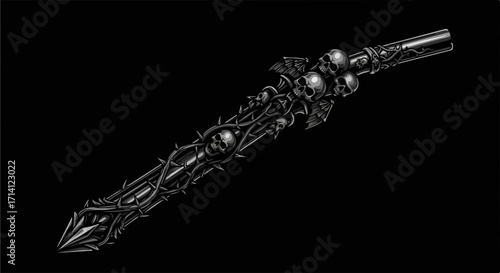 Dark sword with skulls, elaborate gothic weapon with a detailed hilt and blade against black backdrop. This dark sword, an emblem of gothic artistry, is a striking representation of medieval weaponry.