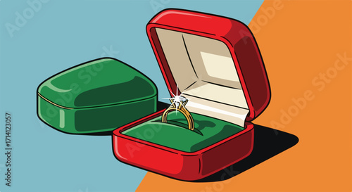 Ring in box illustration displays symbol of love and commitment with ring. Engagement ring in red gift box suggests romantic proposals. A ring in box can be used to convey love,