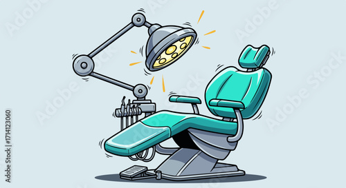 Dentist chair illustration shows empty dentist chair and bright medical lamp above. Dentist chair presents an empty medical office scene, evoking sterility and professional design.