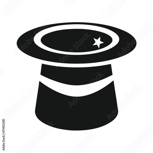 Black silhouette of a top hat with a star and stripe detail on a white background icon symbol