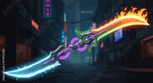 Glowing sword weapon in urban night setting, fantasy weapon. Beautiful glowing sword art object in modern cityscape, weapon. Creative glowing sword artwork adds depth to fantasy landscapes,