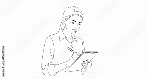 Woman writing on clipboard for business tasks, dressed in button-down shirt. Focused business woman writing for taking notes on clipboard in office.