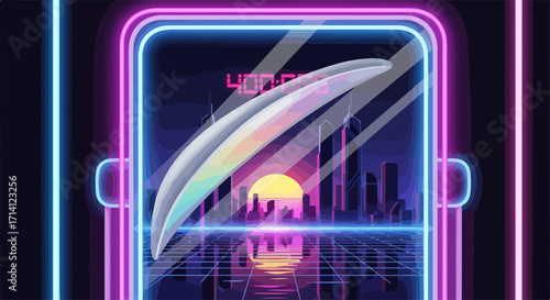 Glowing digital watch illustration with colorful neon lines and reflected cityscape on display.