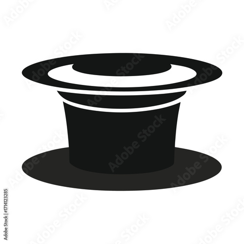 Black top hat icon with white rim detail on a white background Keywords: hat, top hat, black hat, formal hat, gentleman's hat, magic hat, magician's hat, accessory, headwear, fashion, style