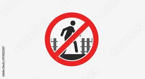 Symbol prohibiting crossing railway tracks for safety awareness. No trespassing with person silhouette. No trespassing is displayed on sign, showing dangerous railway with fence.
