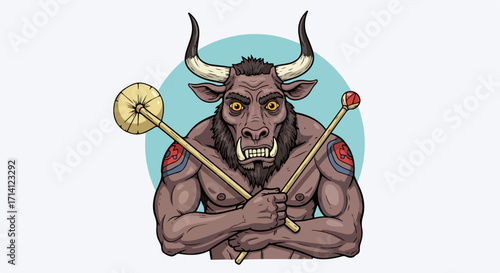 Minotaur illustration featuring monster creature with muscular torso and horns, a ferocious guardian from ancient myths. Minotaur illustration shows mythological beast holding weapons.