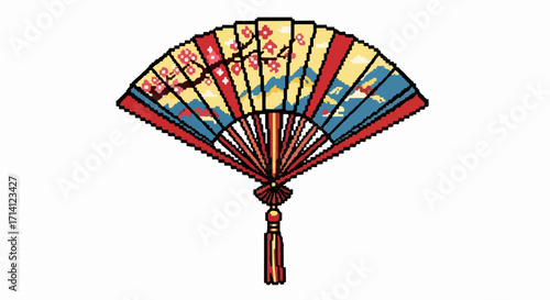 Traditional fan art on isolated white background. Traditional fan illustration depicting cherry blossom branches and decorative tassel offers cultural representation.