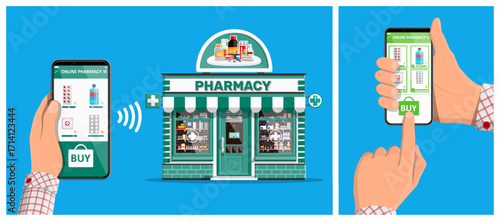 Man shopping medical product on smartphone from online pharmacy store. Digital health application for medicine delivery.