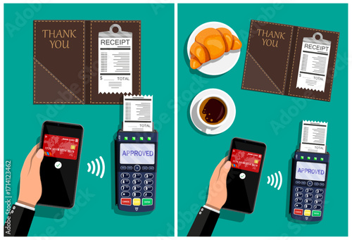 Man using smartphone for contactless payment at point of sale terminal. Digital transaction with mobile phone for purchasing food.