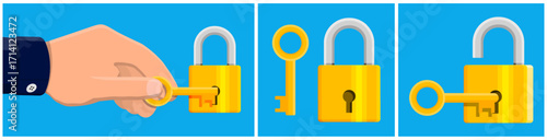 Man hand inserting key into padlock, locking or unlocking security system. Access solution, privacy and confidential data protection flat style.