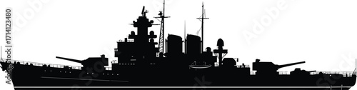 Battleship silhouette vector, military naval vessel illustration, large gun turret clipart, radar antennas, black and white warship, defense ship design