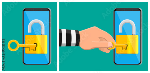 Two smartphones showing key unlocking a padlock and a thief gaining access. Mobile data security concept, cybercrime and hacking.