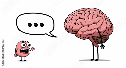 Cartoon brain speaks with smaller brain on white background. Cartoon brain with speech bubble displays mental clarity, while other brain is in a dilemma.