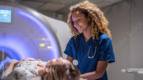 Smiling radiologist preparing a female patient for a CT scan procedure.
