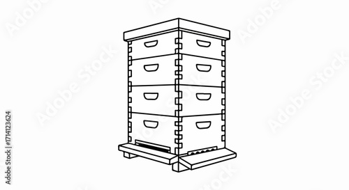 White isolated beehive structure with wooden frame boxes for honey production. Beekeeping setup includes multiple boxes with frames inside, providing space for bees to build honeycombs, in process.